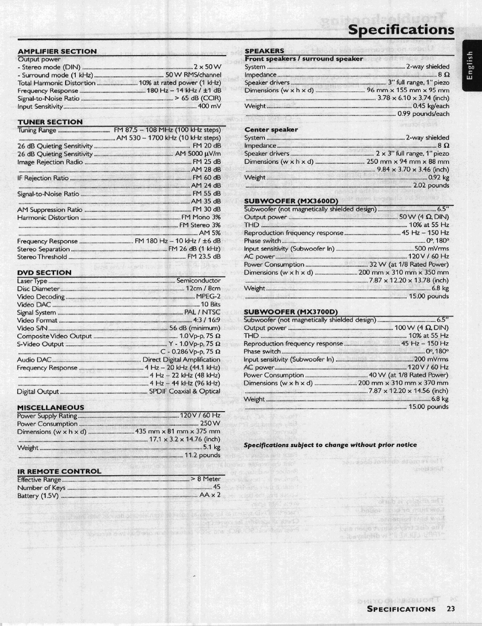 Specifications | Philips HIFI RECEIVER User Manual | Page 25 / 28