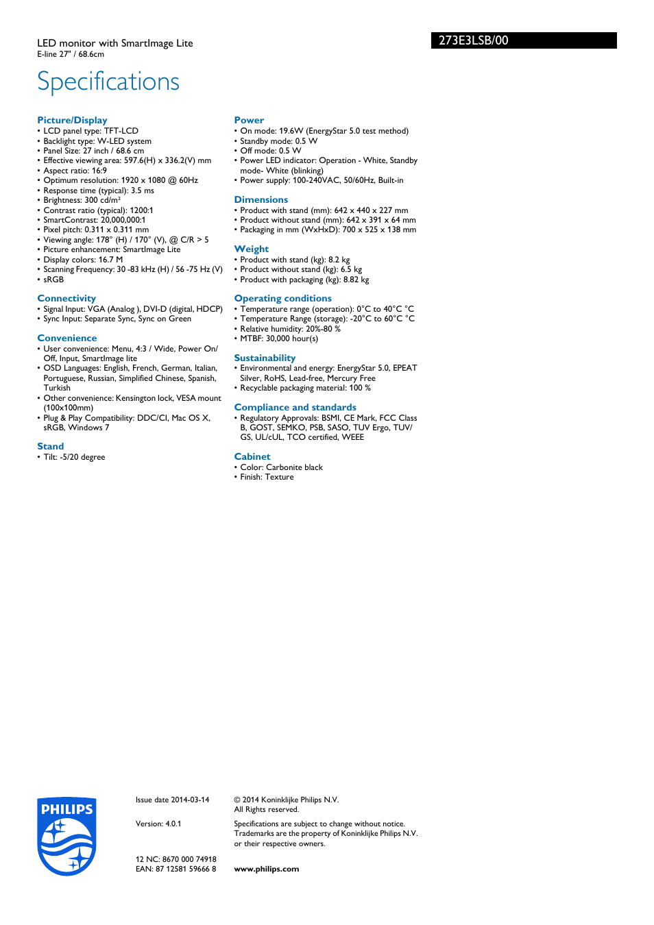 Specifications | Philips 273E3LSB-00 User Manual | Page 3 / 3