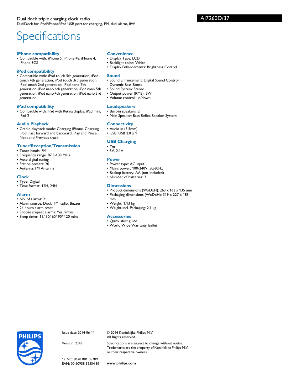 Specifications | Philips AJ7260D-37 User Manual | Page 3 / 3