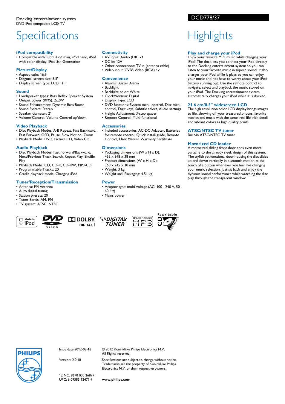 Specifications, Highlights | Philips DCD778-37 User Manual | Page 2 / 2