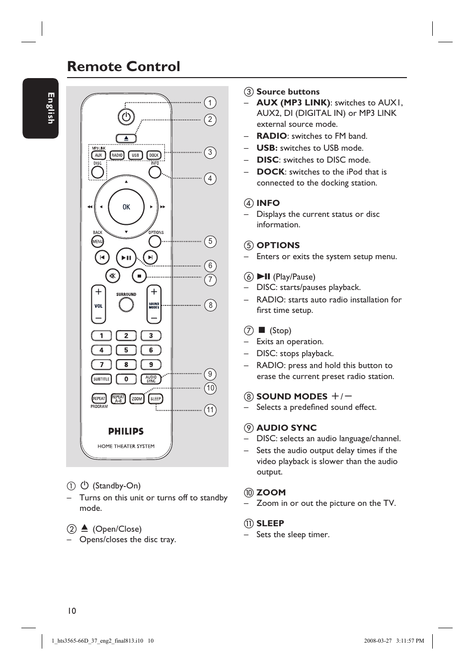 Remote control | Philips HTS3566D-37 User Manual | Page 10 / 59