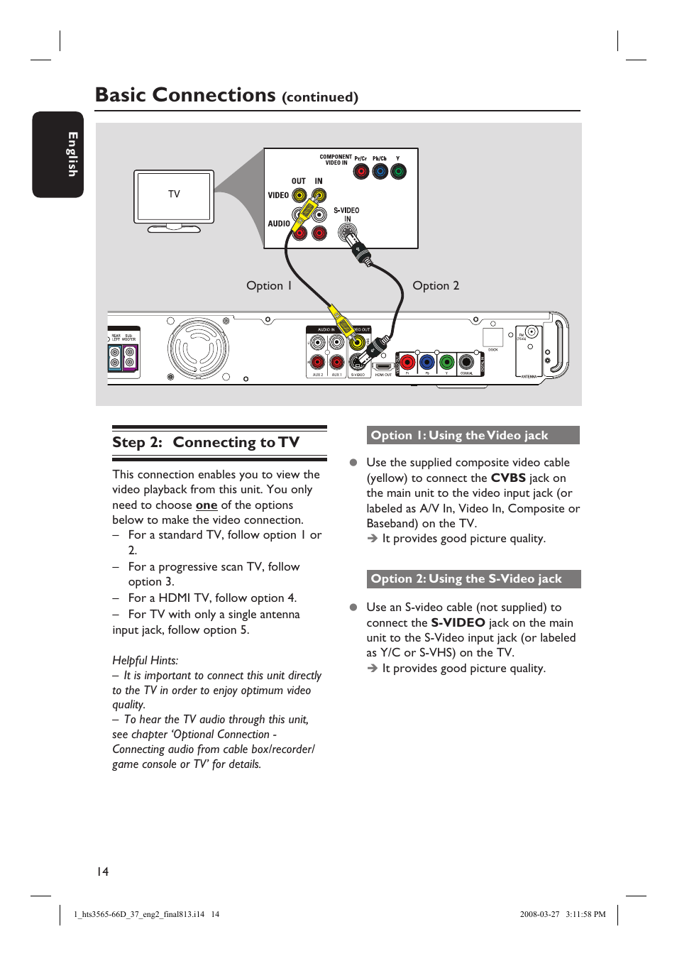 Basic connections, Step 2: connecting to tv | Philips HTS3566D-37 User Manual | Page 14 / 59