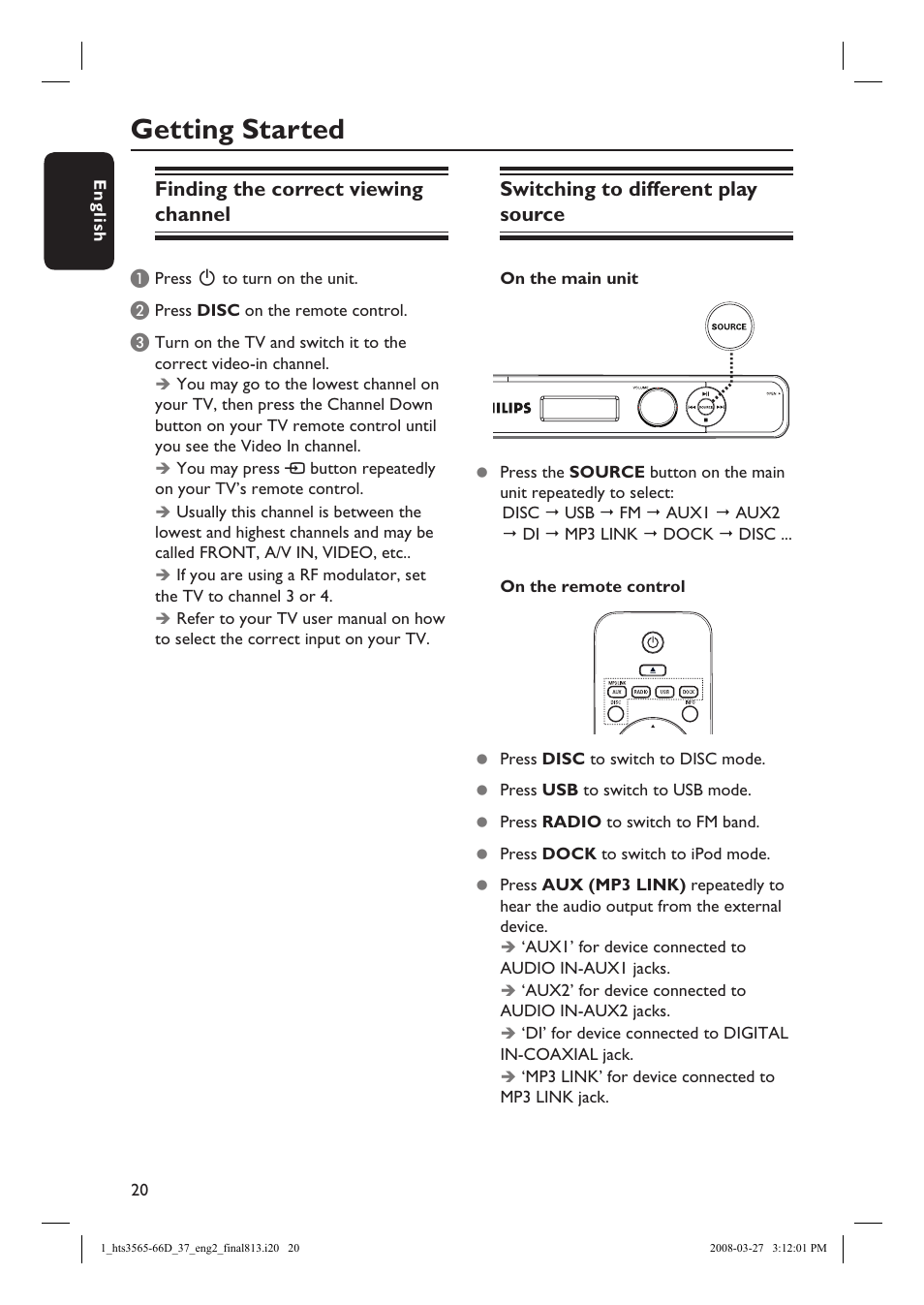 Getting started, Finding the correct viewing channel, Switching to different play source | Philips HTS3566D-37 User Manual | Page 20 / 59