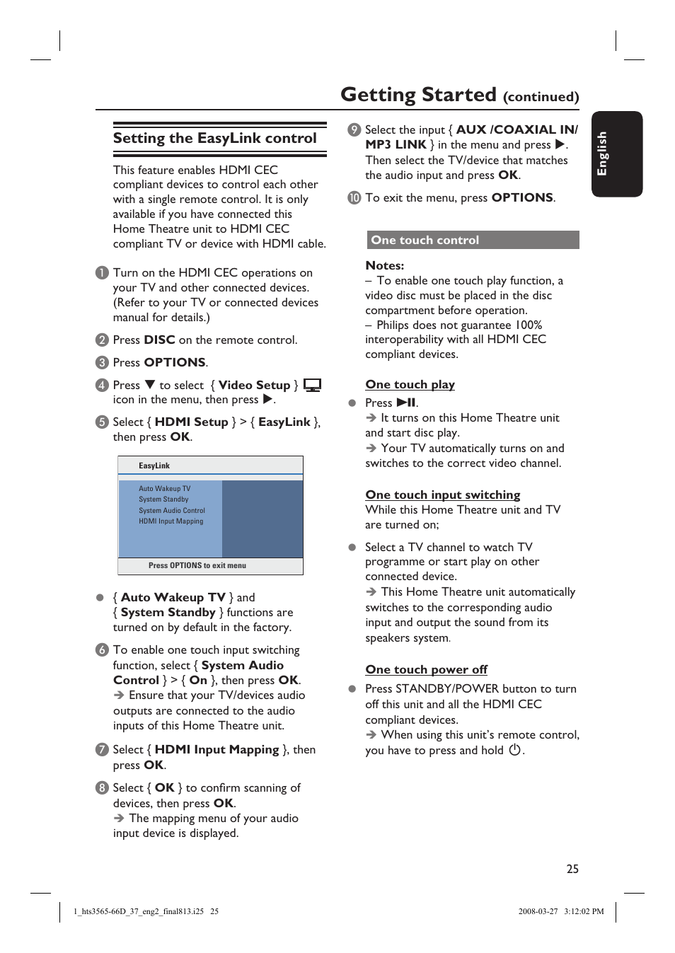 Getting started, Setting the easylink control | Philips HTS3566D-37 User Manual | Page 25 / 59