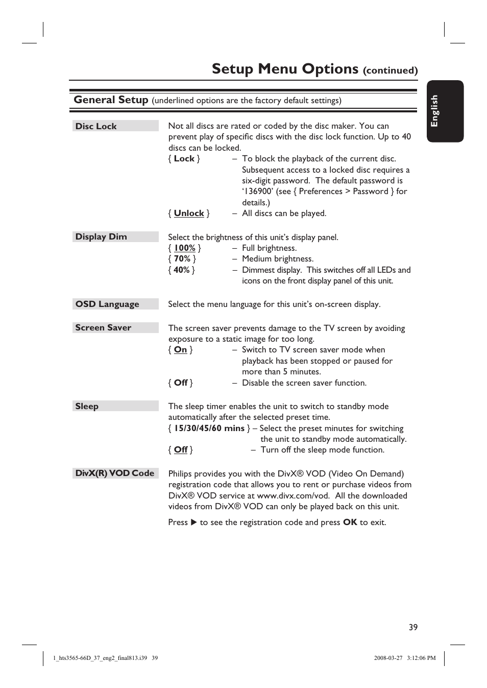 Setup menu options, General setup | Philips HTS3566D-37 User Manual | Page 39 / 59