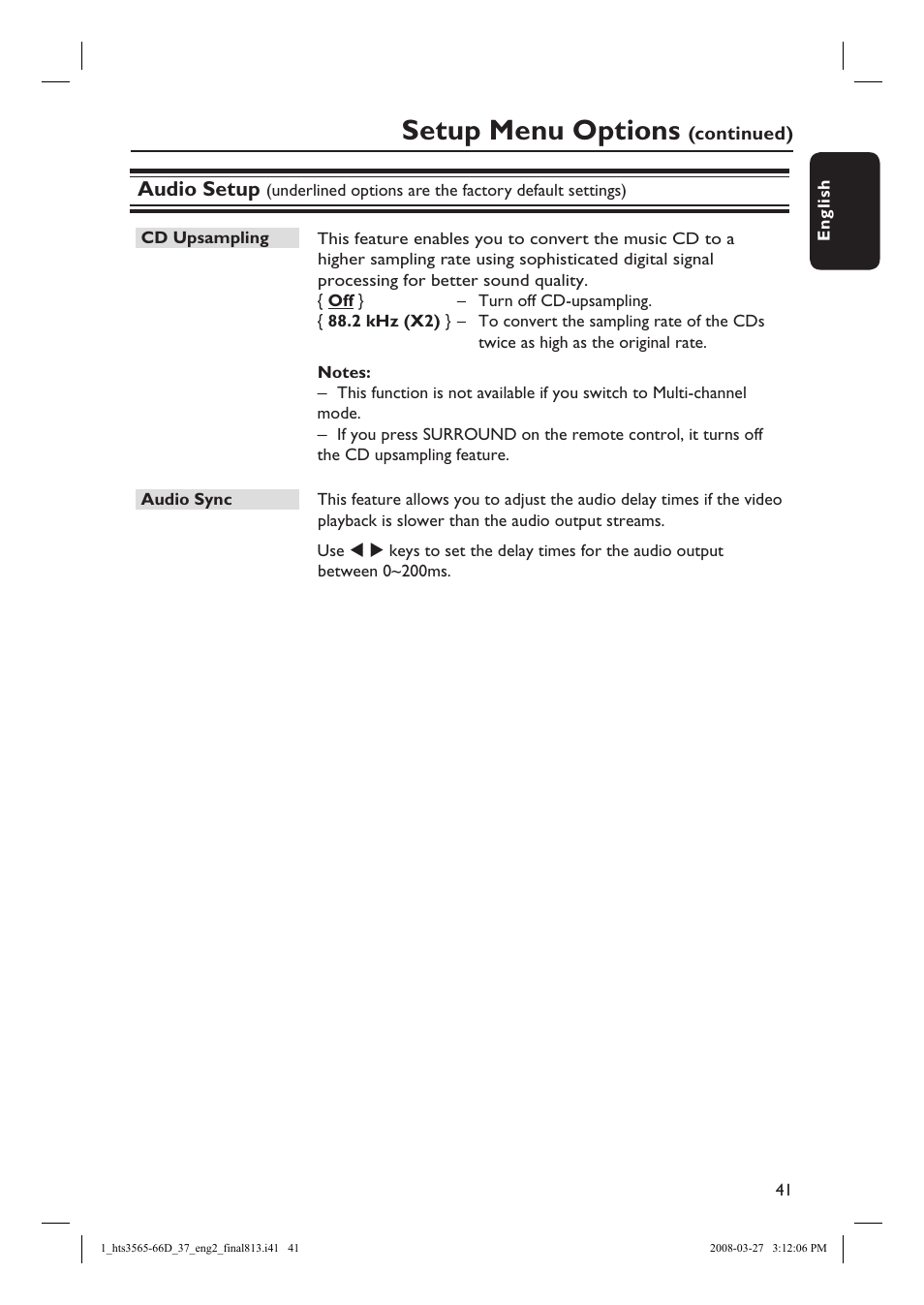 Setup menu options, Audio setup | Philips HTS3566D-37 User Manual | Page 41 / 59