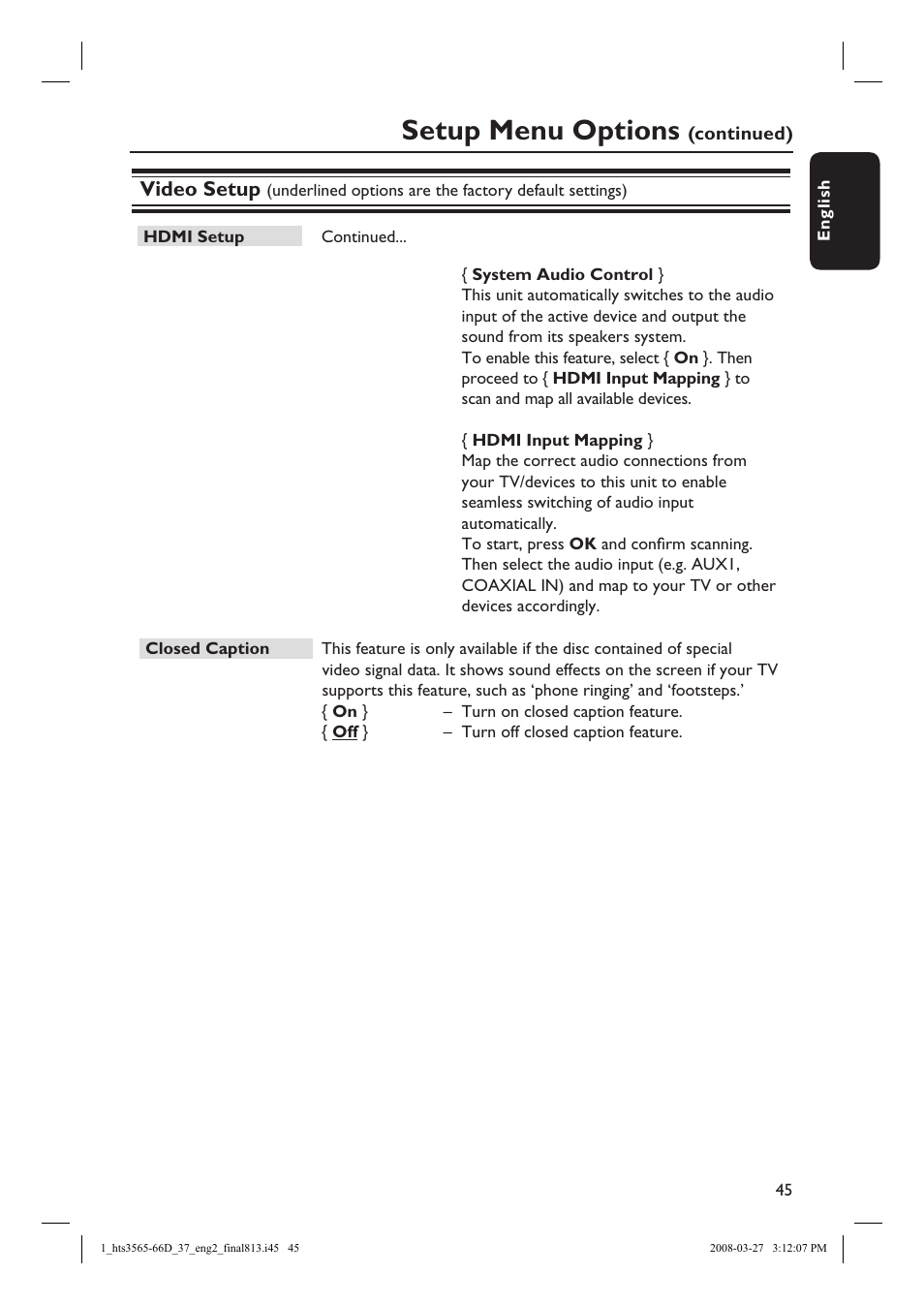 Setup menu options, Video setup | Philips HTS3566D-37 User Manual | Page 45 / 59