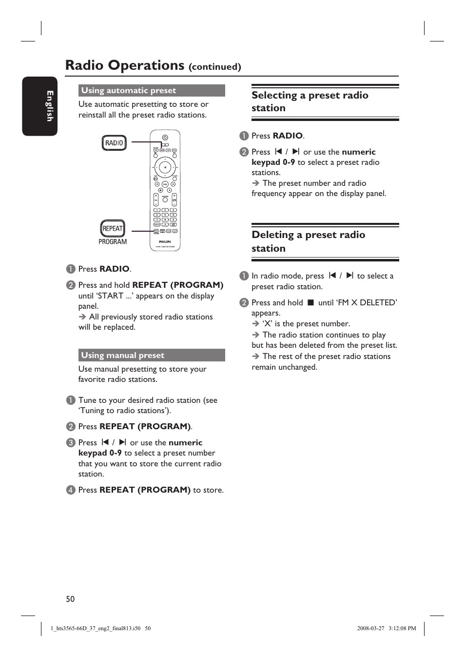 Radio operations, Selecting a preset radio station, Deleting a preset radio station | Philips HTS3566D-37 User Manual | Page 50 / 59