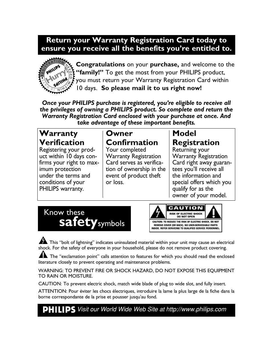 Safety, Know these, Symbols | Warranty verification, Owner confirmation, Model registration, Hurry | Philips 20PS47S User Manual | Page 2 / 36