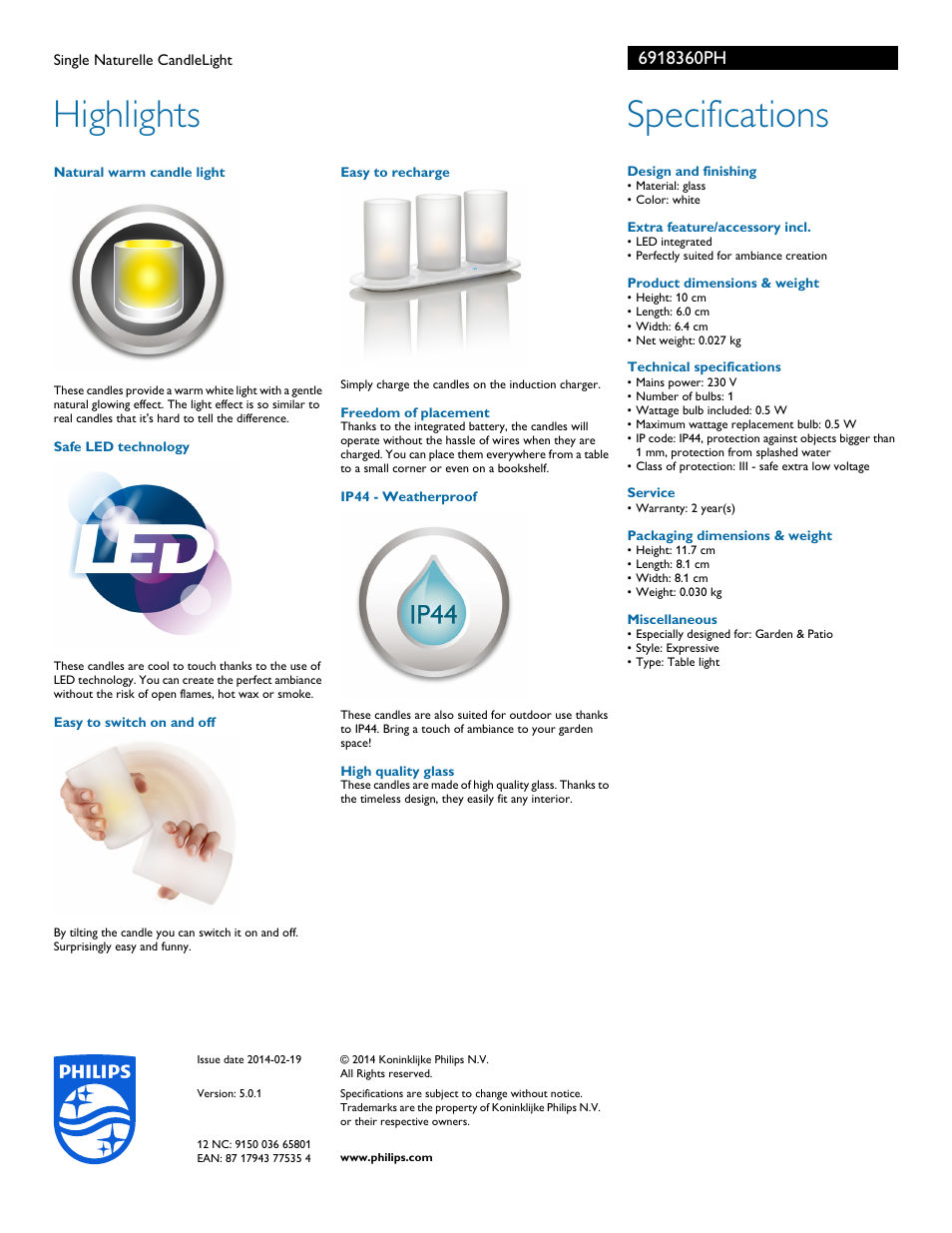 Highlights, Specifications | Philips 6918360PH User Manual | Page 2 / 2