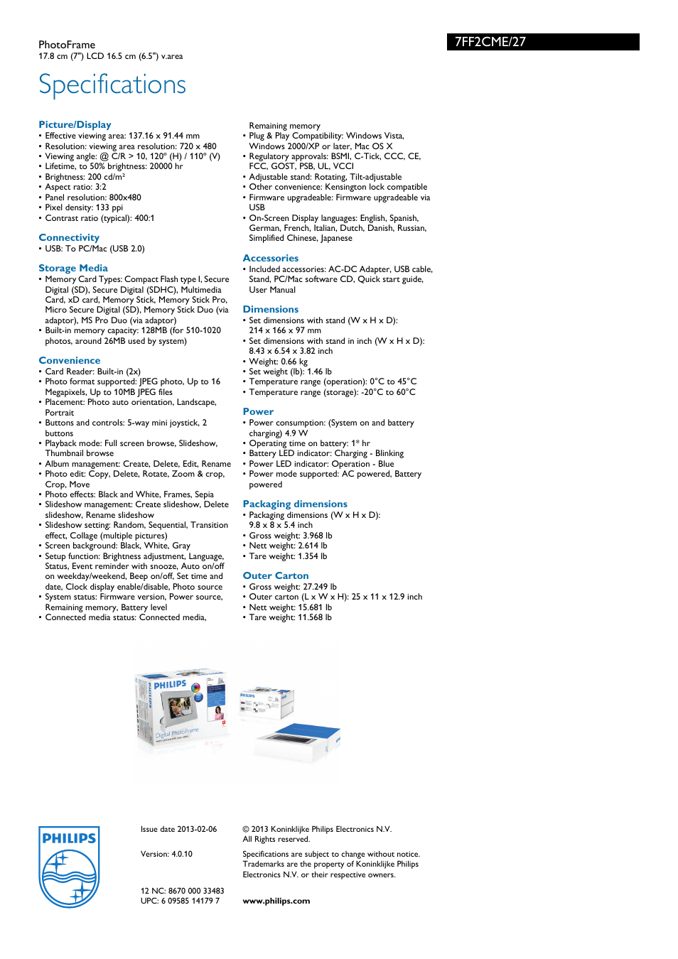 Specifications, 7ff2cme/27 | Philips 7FF2CME-27 User Manual | Page 3 / 3