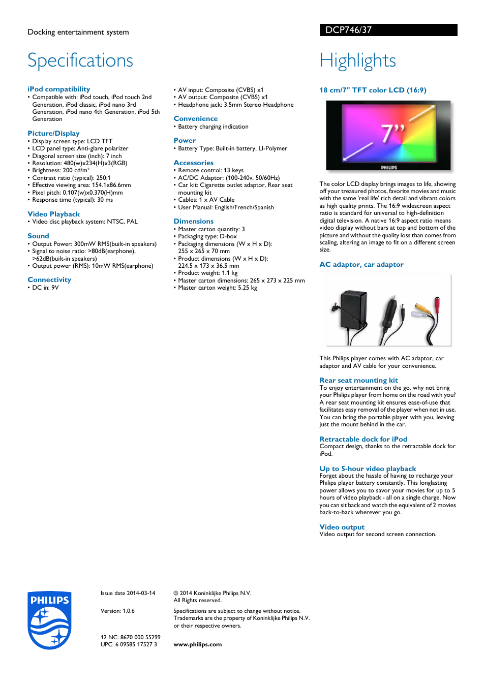 Specifications, Highlights | Philips DCP746-37B User Manual | Page 2 / 2