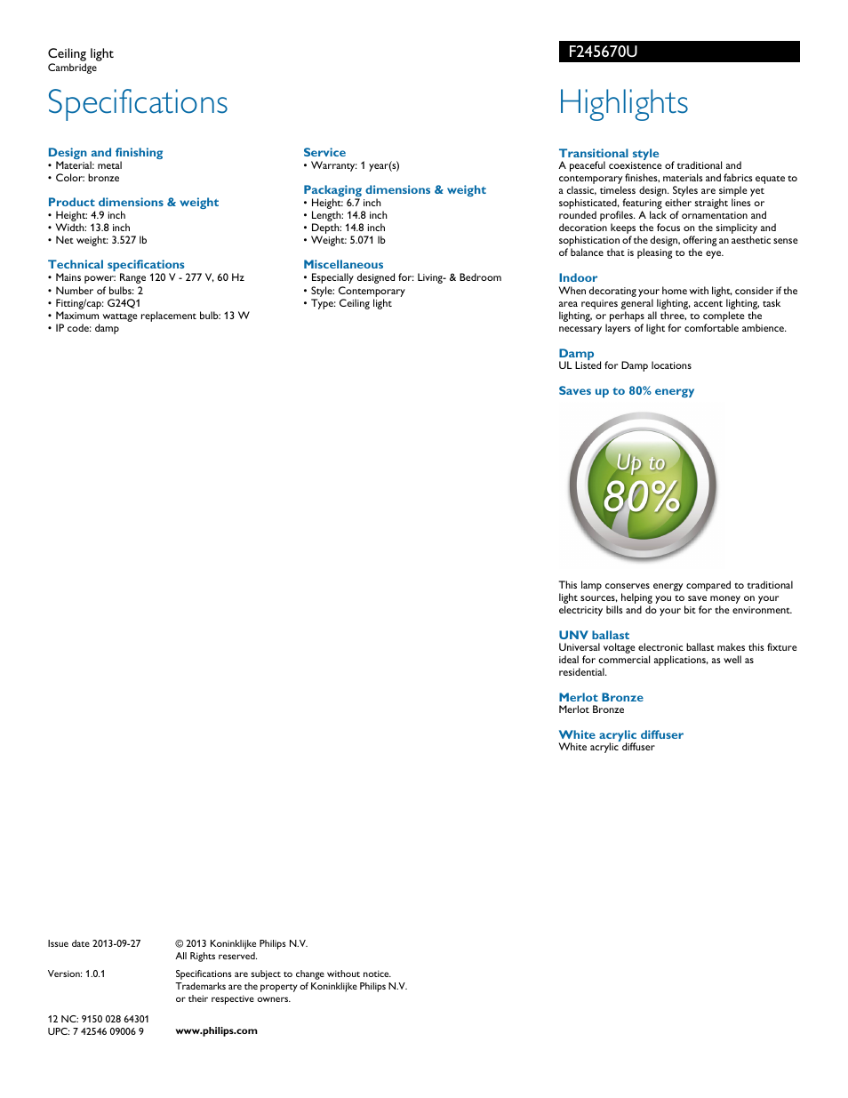 Specifications, Highlights | Philips F245670U User Manual | Page 2 / 2