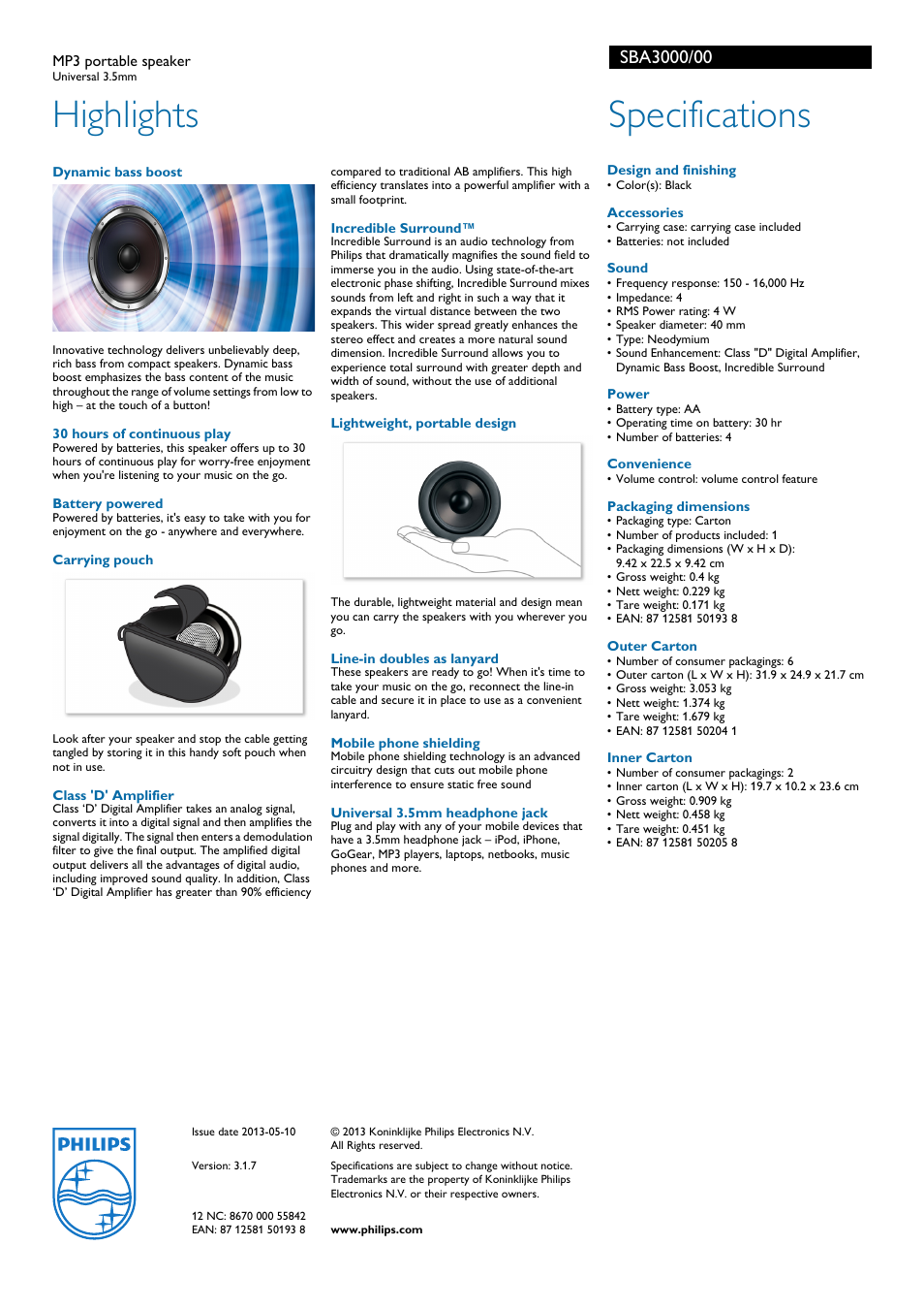 Highlights, Specifications | Philips SBA3000-00 User Manual | Page 2 / 2