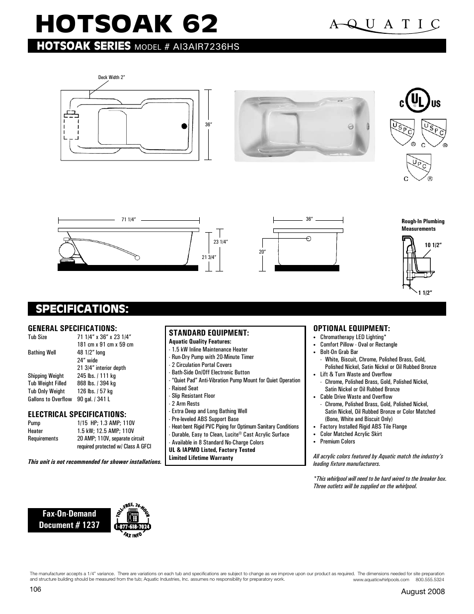 Aquatic HOTSOAK 62 AI3AIR7236HS User Manual | 1 page