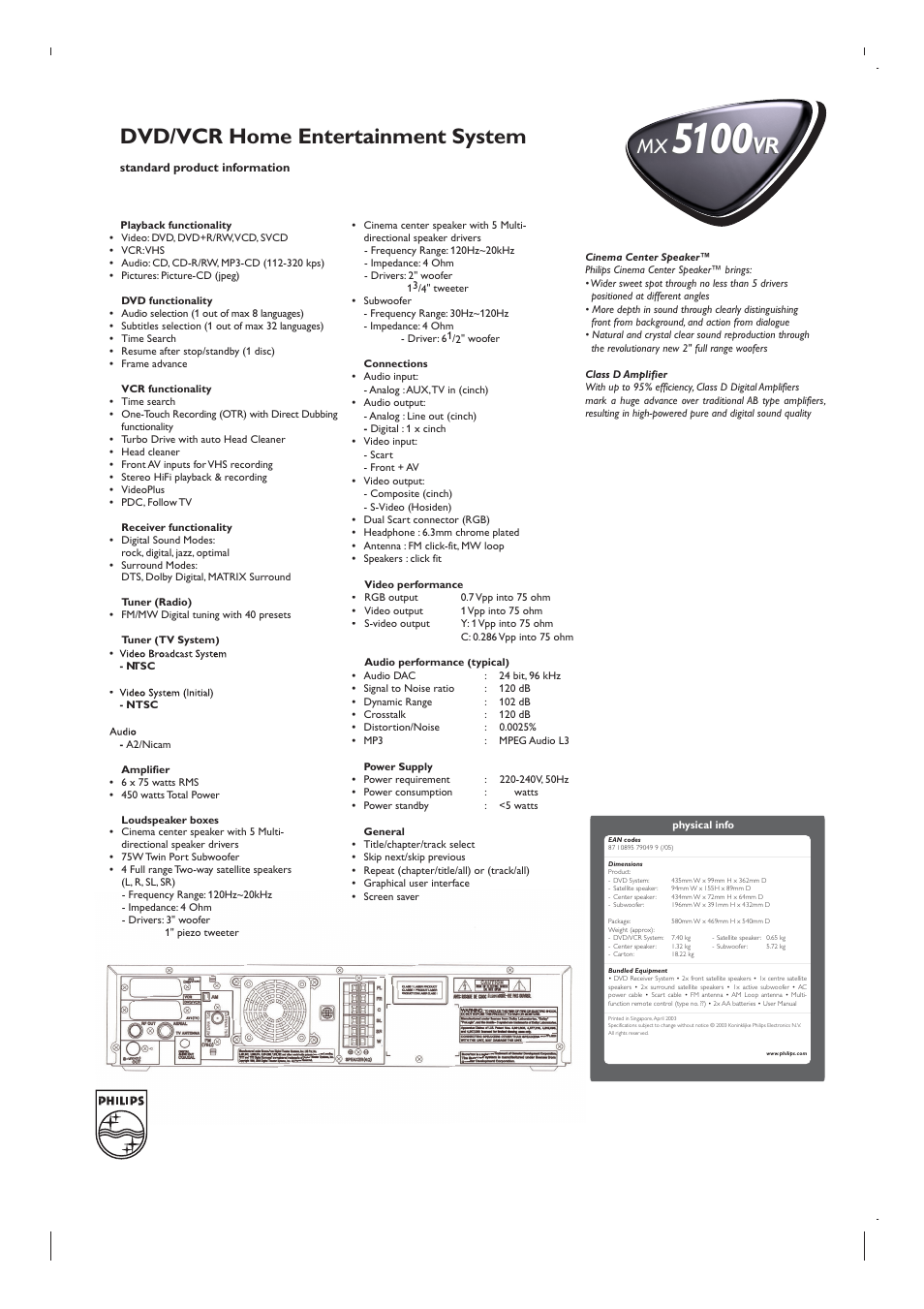 Dvd/vcr home entertainment system | Philips MX5100VR-37B User Manual | Page 2 / 2