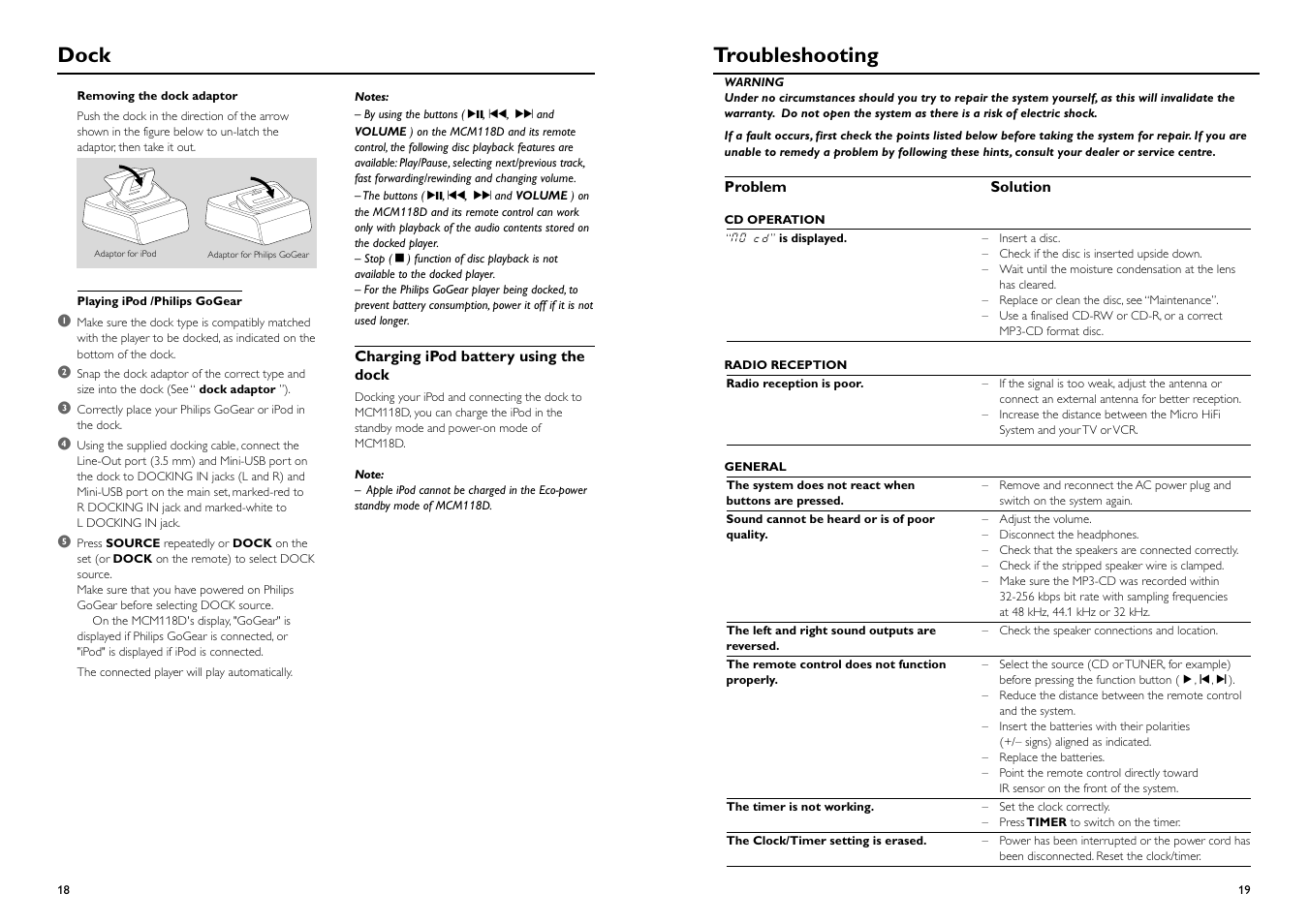 Dock, Troubleshooting | Philips MCM118D-37B User Manual | Page 10 / 11