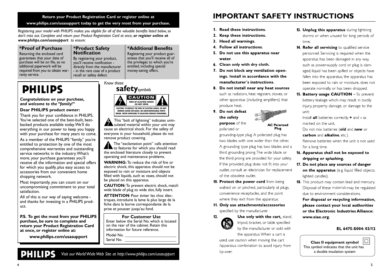 Safety, Important safety instructions | Philips MCM118D-37B User Manual | Page 3 / 11