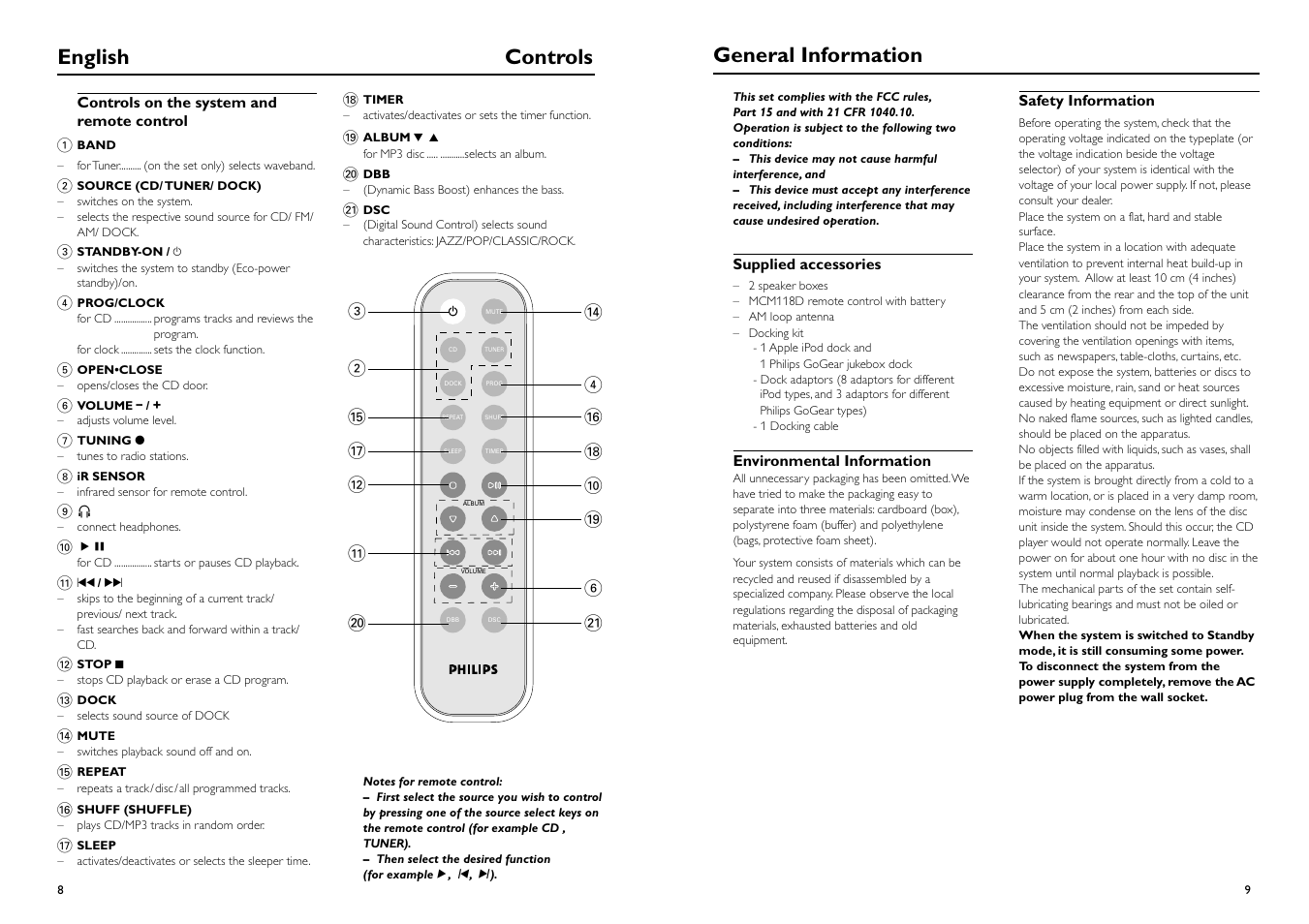 English controls, General information | Philips MCM118D-37B User Manual | Page 5 / 11