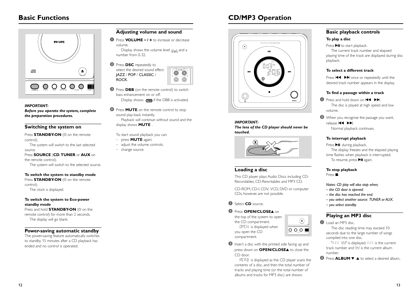 Basic functions, Cd/mp3 operation, Volume | Op en / close prog/clock tuning | Philips MCM118D-37B User Manual | Page 7 / 11