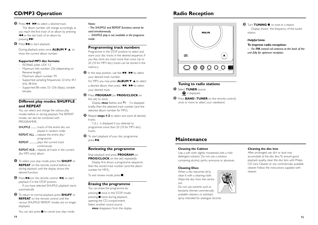 Cd/mp3 operation radio reception, Maintenance | Philips MCM118D-37B User Manual | Page 8 / 11