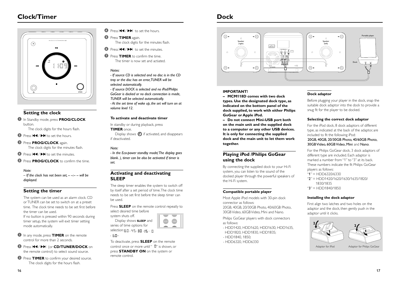 Clock/timer, Dock | Philips MCM118D-37B User Manual | Page 9 / 11