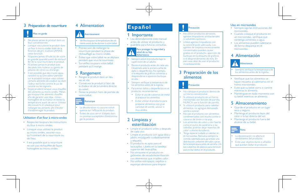 Español, 4 alimentation, 5 rangement | 1 importante, 2 limpieza y esterilización, 3 preparación de los alimentos, 4 alimentación, 5 almacenamiento, Préparation de nourriture | Philips SCF706-00 User Manual | Page 2 / 2