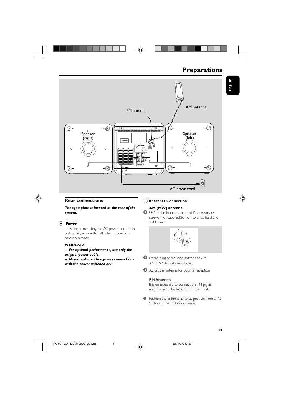 Preparations | Philips MP3-WMA-CD playback Micro Hi-Fi System User Manual | Page 11 / 25