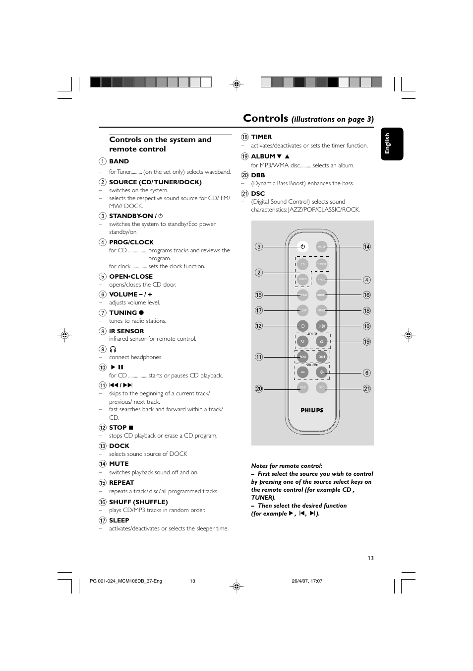 Controls | Philips MP3-WMA-CD playback Micro Hi-Fi System User Manual | Page 13 / 25