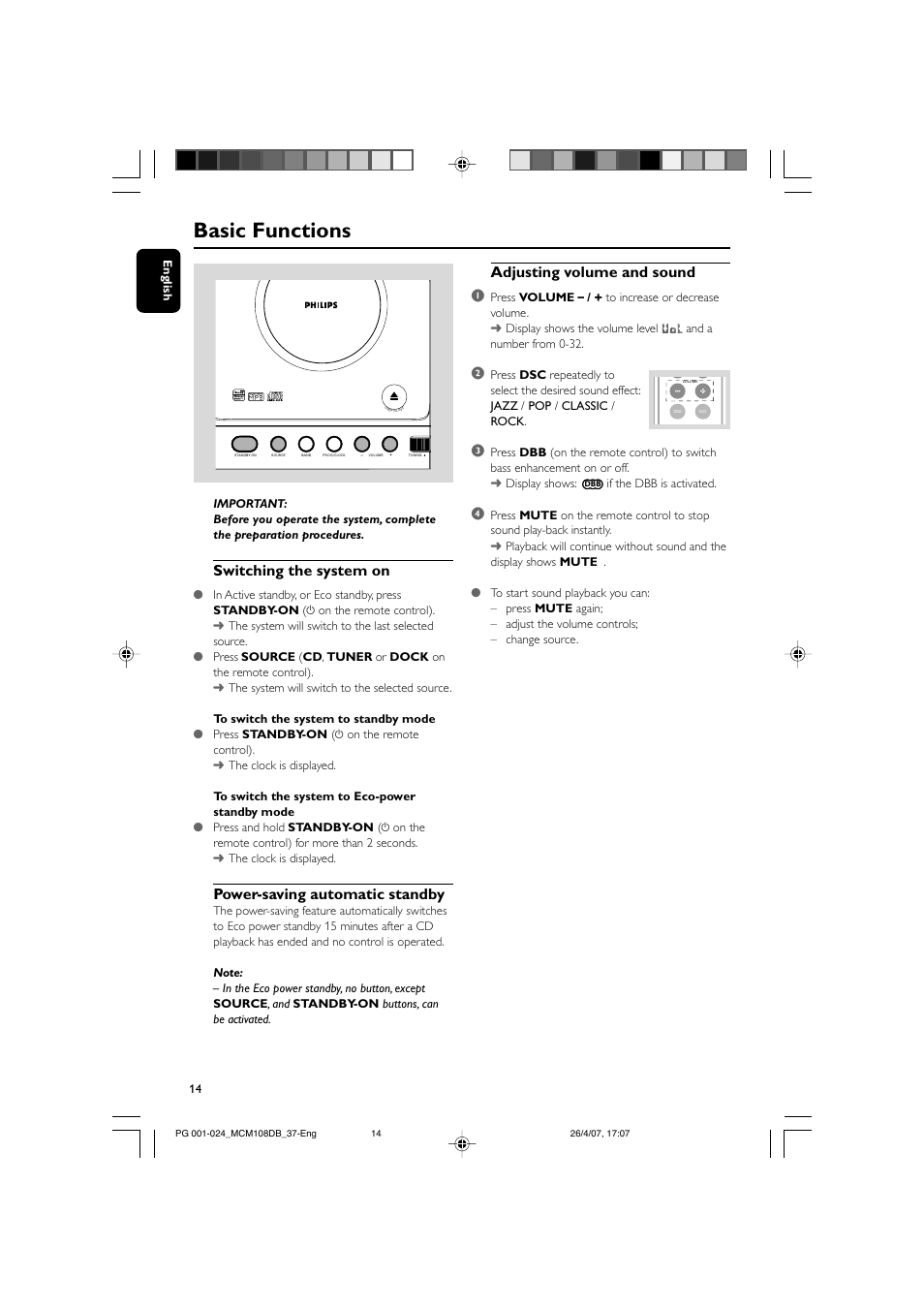 Basic functions, Switching the system on, Power-saving automatic standby | Adjusting volume and sound 1 | Philips MP3-WMA-CD playback Micro Hi-Fi System User Manual | Page 14 / 25