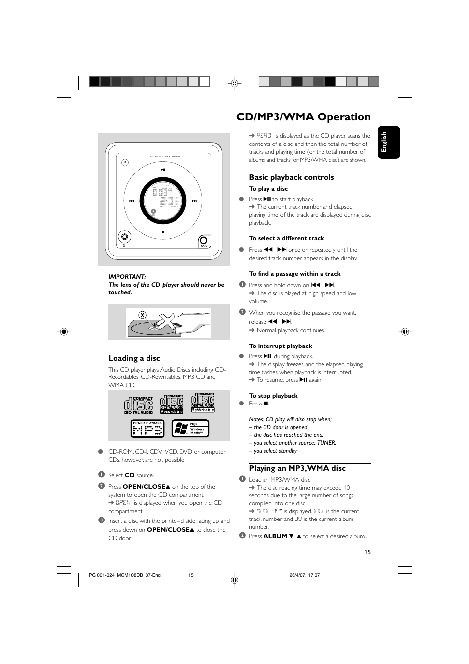 Cd/mp3/wma operation, Basic playback controls, Playing an mp3,wma disc 1 | Loading a disc | Philips MP3-WMA-CD playback Micro Hi-Fi System User Manual | Page 15 / 25