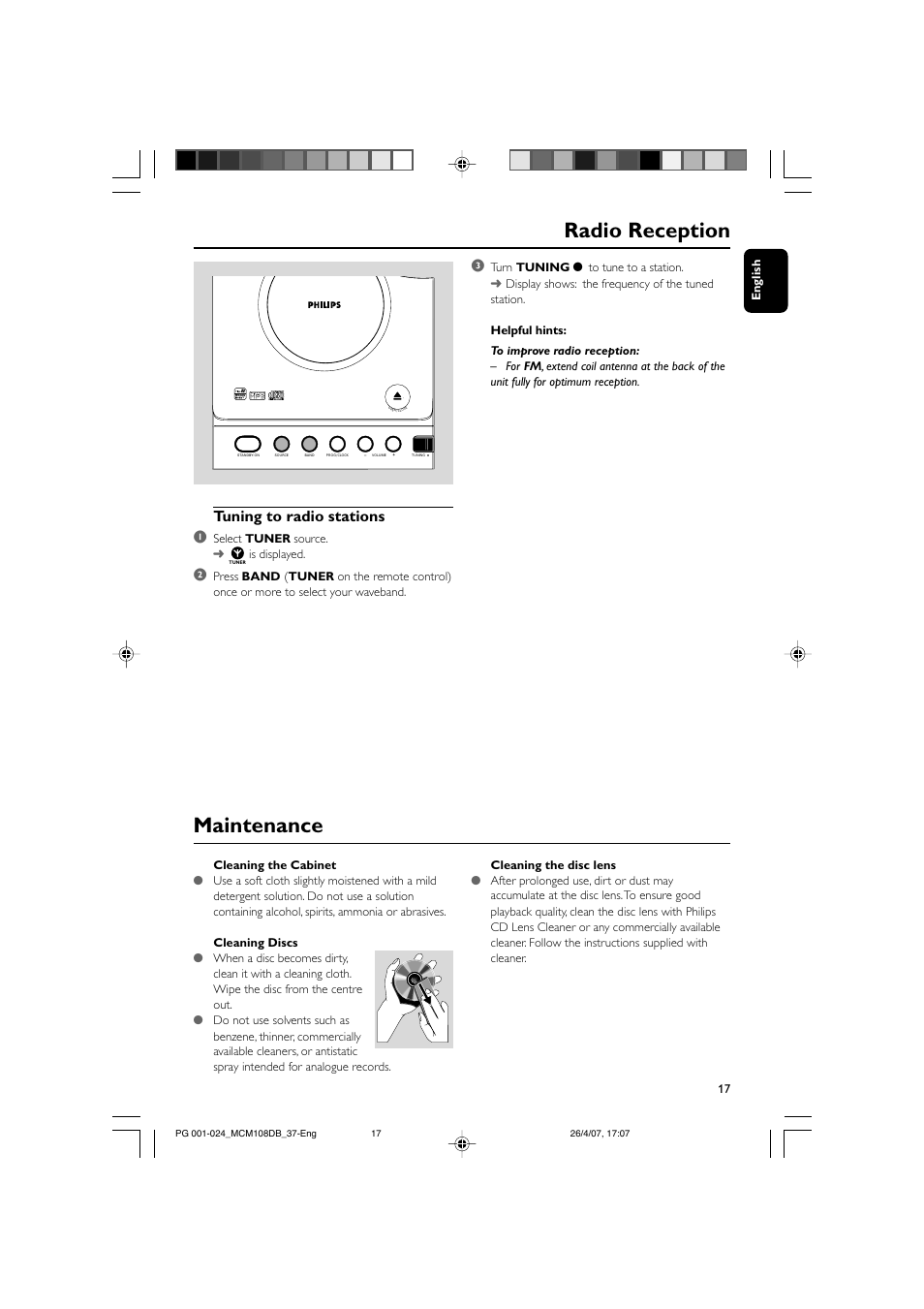 Radio reception, Maintenance, Tuning to radio stations 1 | Philips MP3-WMA-CD playback Micro Hi-Fi System User Manual | Page 17 / 25