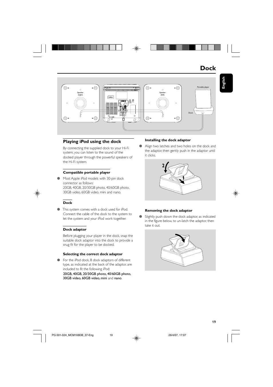 Dock, Playing ipod using the dock | Philips MP3-WMA-CD playback Micro Hi-Fi System User Manual | Page 19 / 25