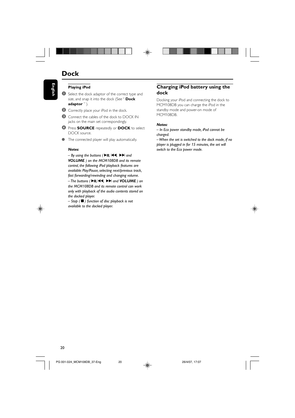 Dock | Philips MP3-WMA-CD playback Micro Hi-Fi System User Manual | Page 20 / 25