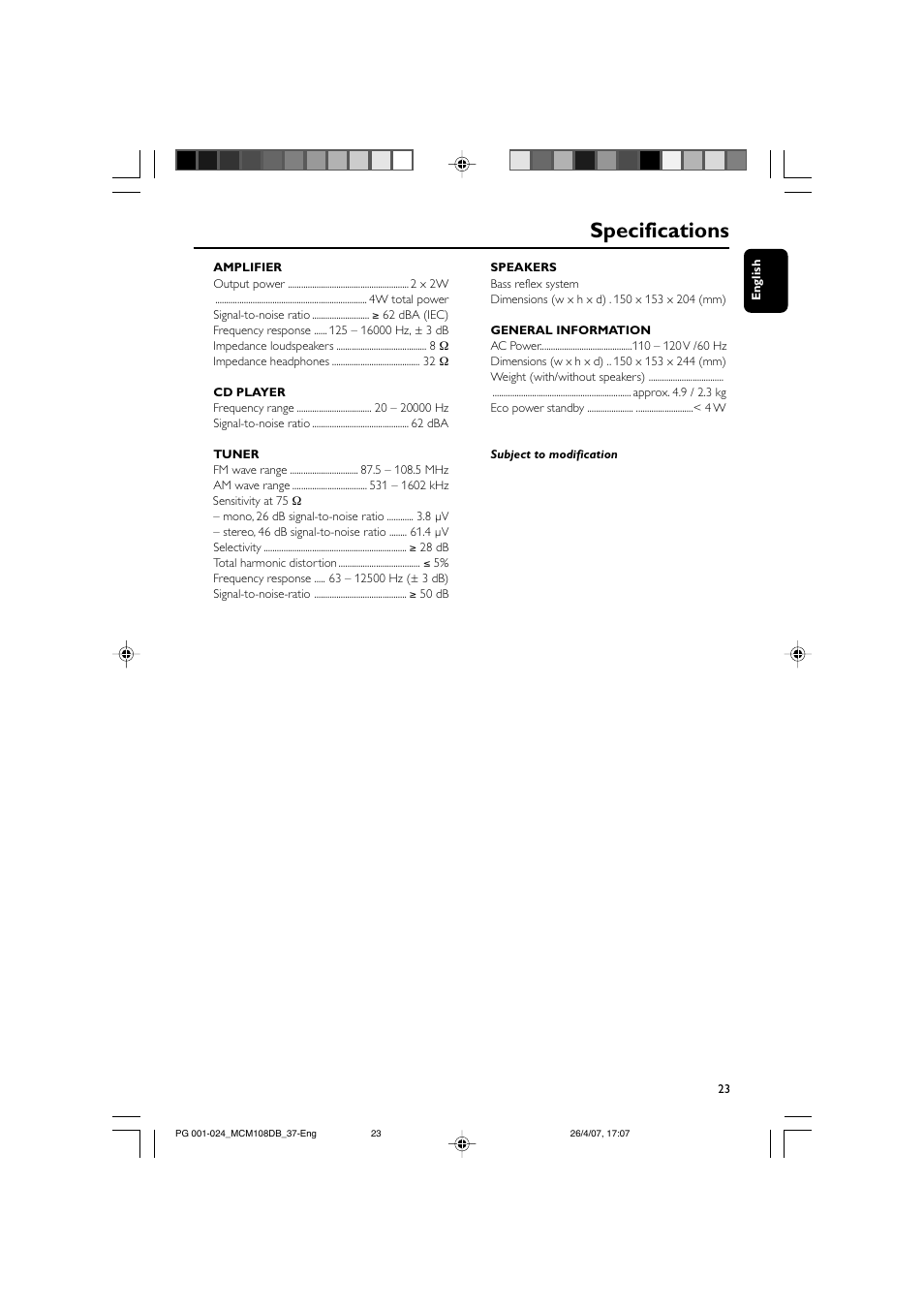 Specifications | Philips MP3-WMA-CD playback Micro Hi-Fi System User Manual | Page 23 / 25