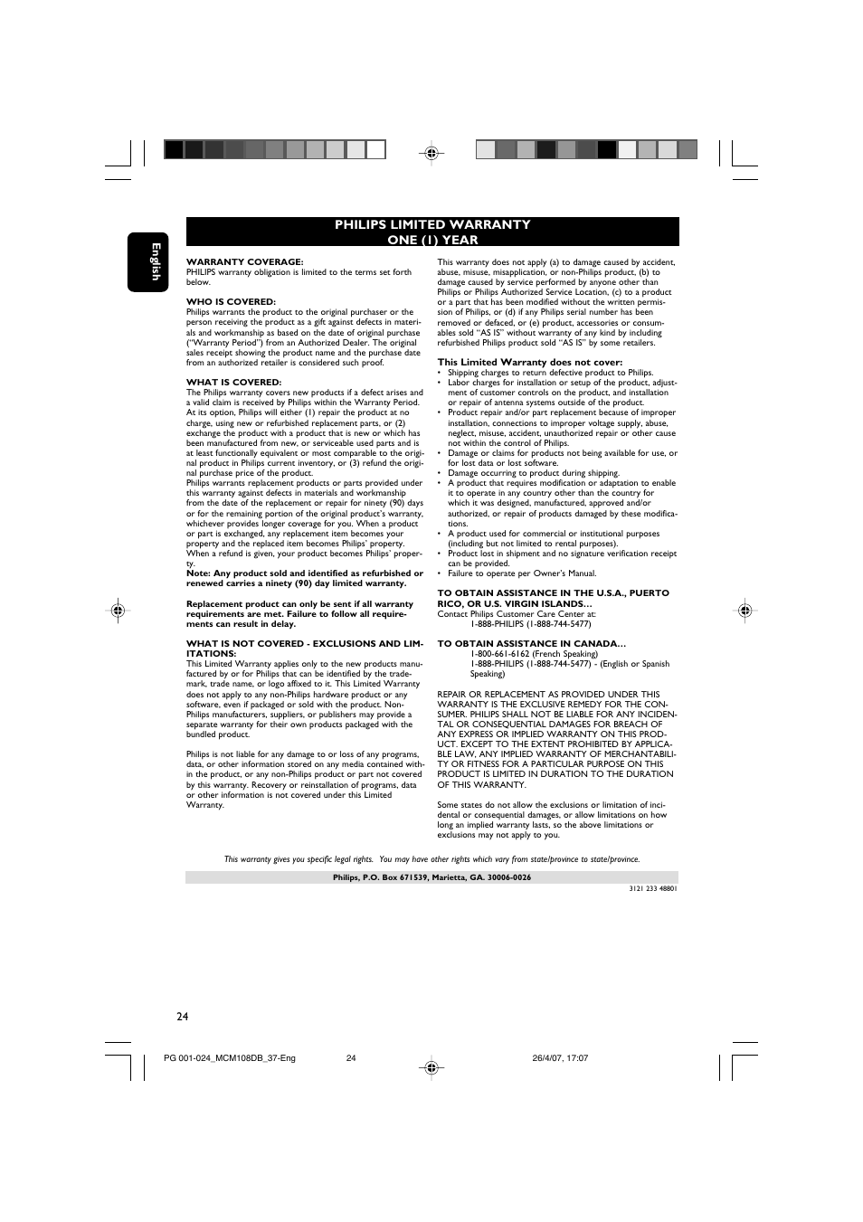 Philips limited warranty one (1) year | Philips MP3-WMA-CD playback Micro Hi-Fi System User Manual | Page 24 / 25