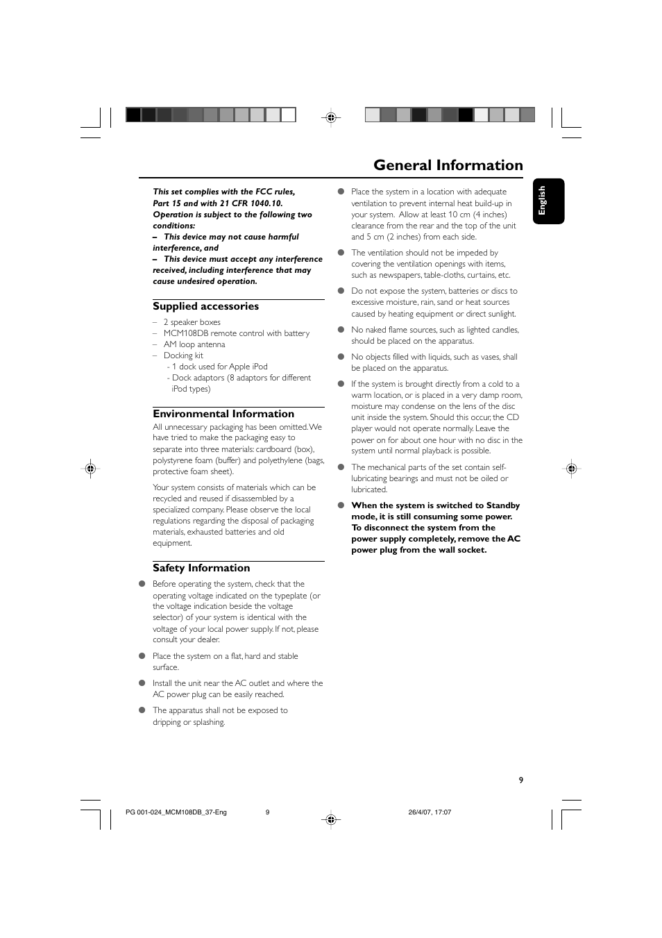 General information, Supplied accessories, Environmental information | Safety information | Philips MP3-WMA-CD playback Micro Hi-Fi System User Manual | Page 9 / 25