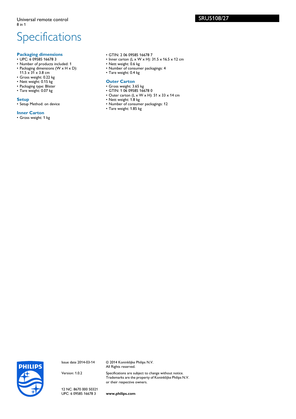 Specifications | Philips SRU5108-27 User Manual | Page 2 / 2