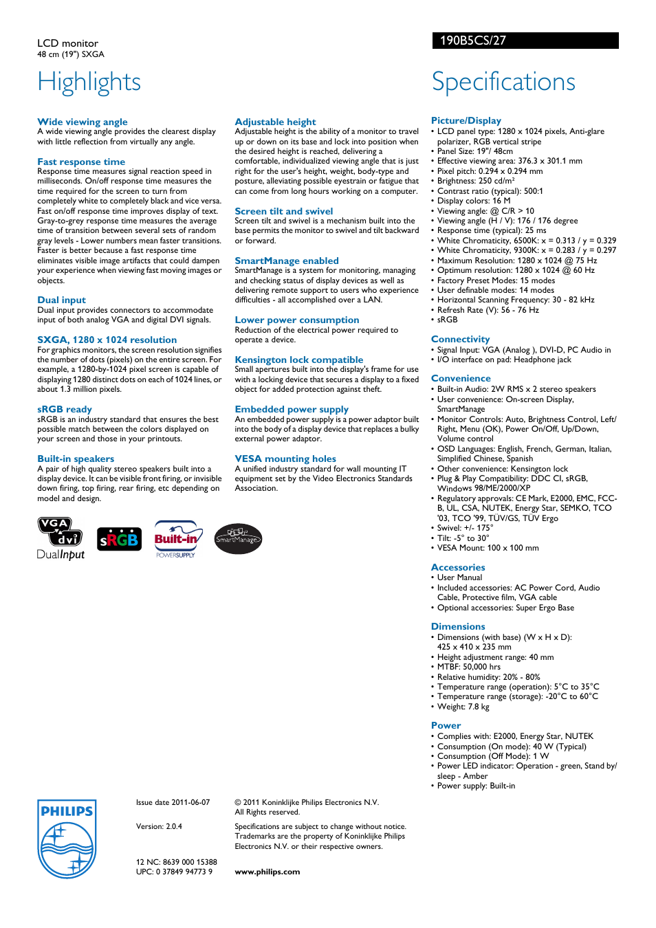 Highlights, Specifications | Philips 190B5CS-27 User Manual | Page 2 / 2