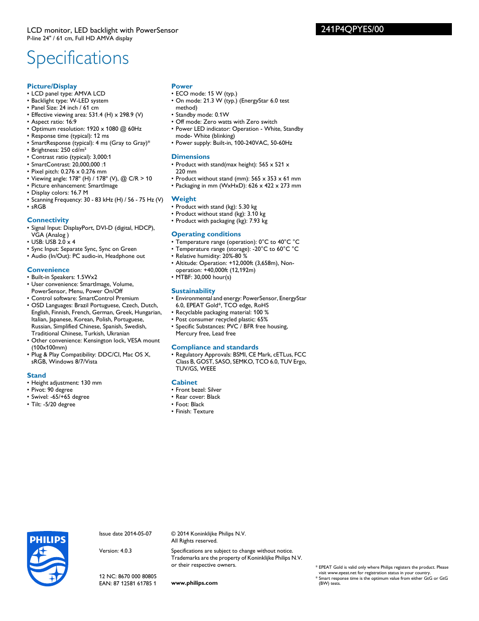 Specifications | Philips 241P4QPYES-00 User Manual | Page 3 / 3