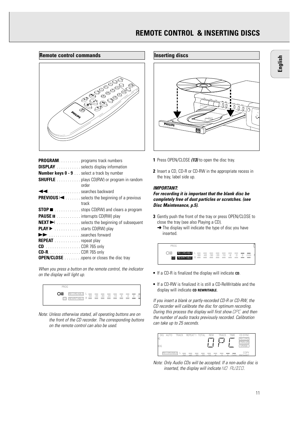 Remote control & inserting discs, English, Inserting discs | Remote control commands, Cd rewritable | Philips CDR760BK User Manual | Page 13 / 54