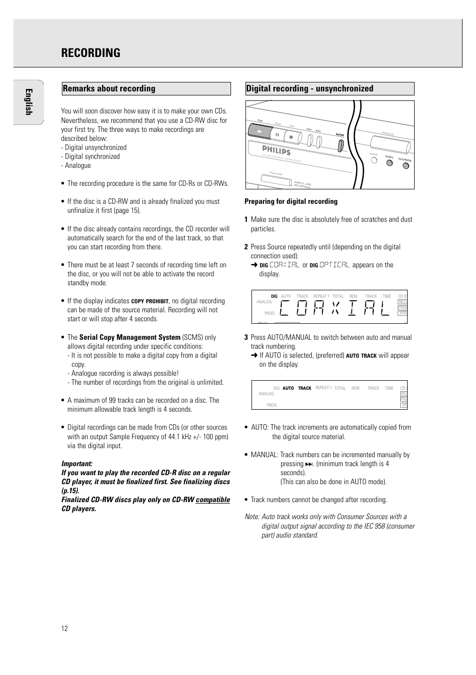 Recording, English, Coaxial or | Philips CDR760BK User Manual | Page 14 / 54