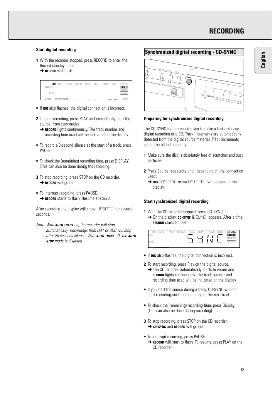 Recording, English, Synchronized digital recording - cd-sync | Will flash. • if, Will go out. • to interrupt recording, press pause, Off, the, Coaxial or, Sync appears. after a time, Starts to flash. • if | Philips CDR760BK User Manual | Page 15 / 54