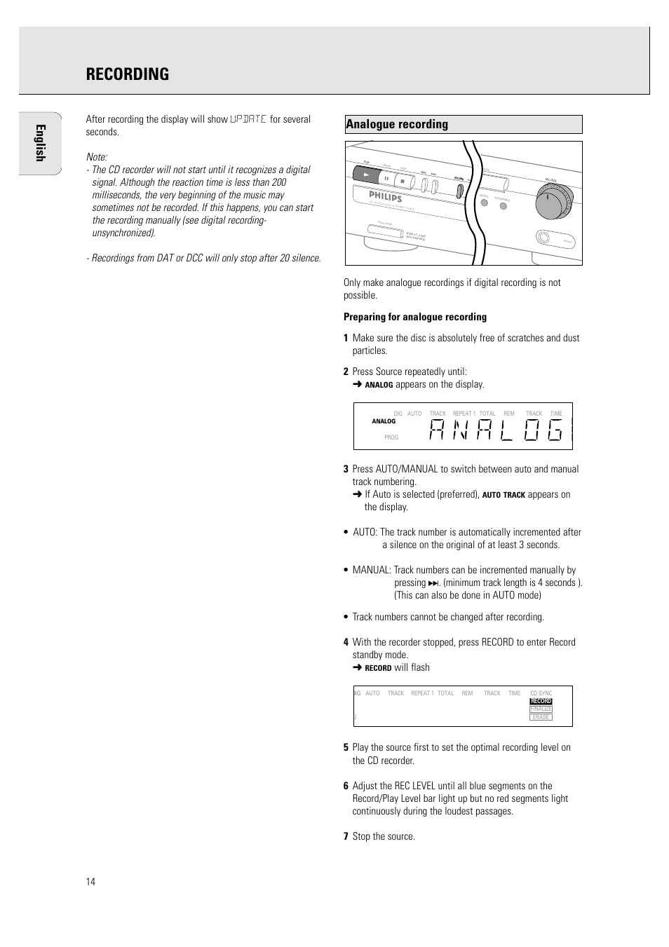 Recording, English, Analogue recording | Philips CDR760BK User Manual | Page 16 / 54