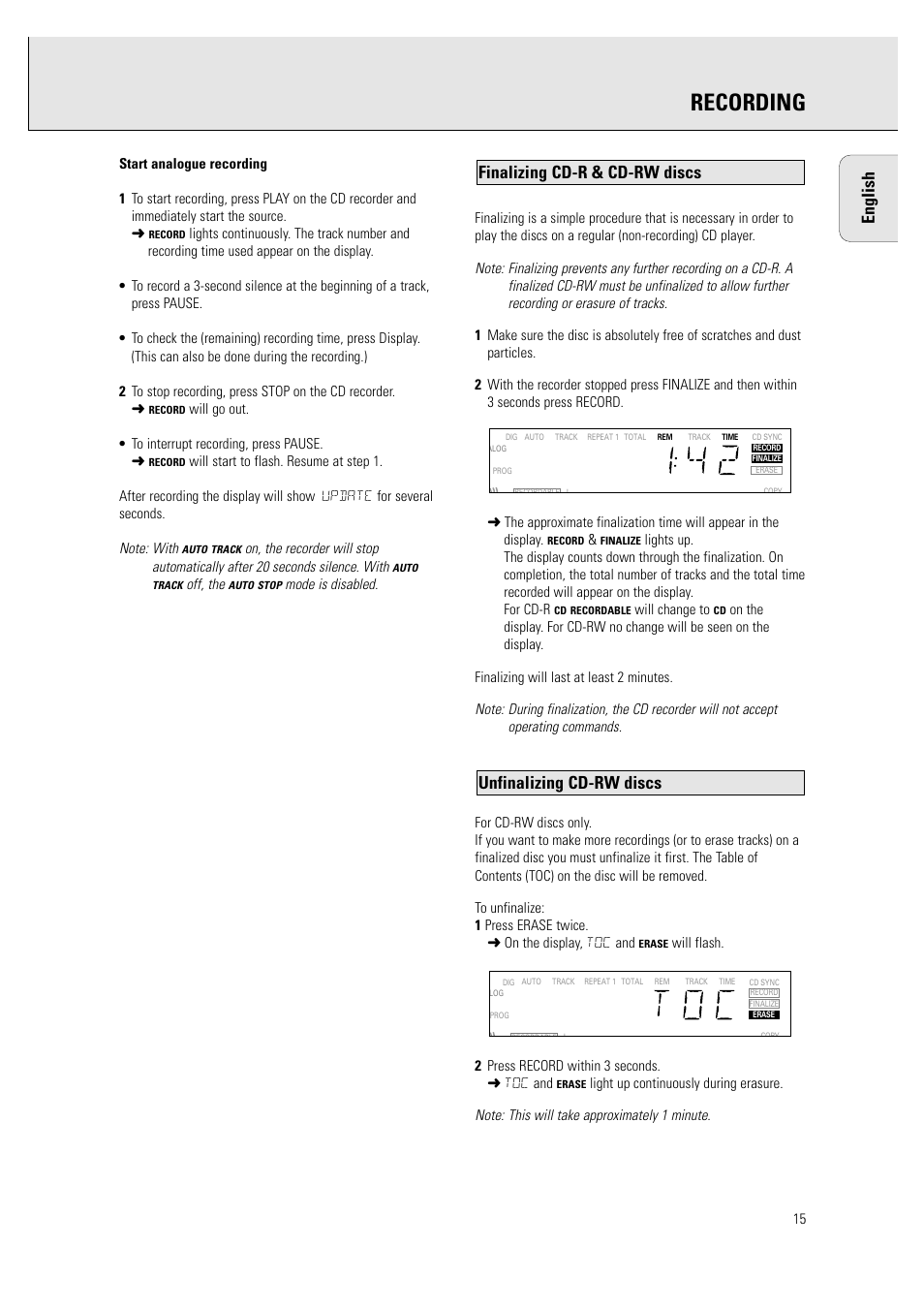 Recording, English, Unfinalizing cd-rw discs | Finalizing cd-r & cd-rw discs | Philips CDR760BK User Manual | Page 17 / 54