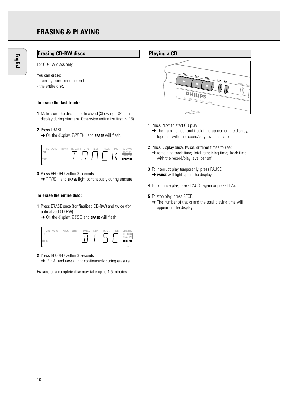 Erasing & playing, English, Playing a cd | Erasing cd-rw discs | Philips CDR760BK User Manual | Page 18 / 54