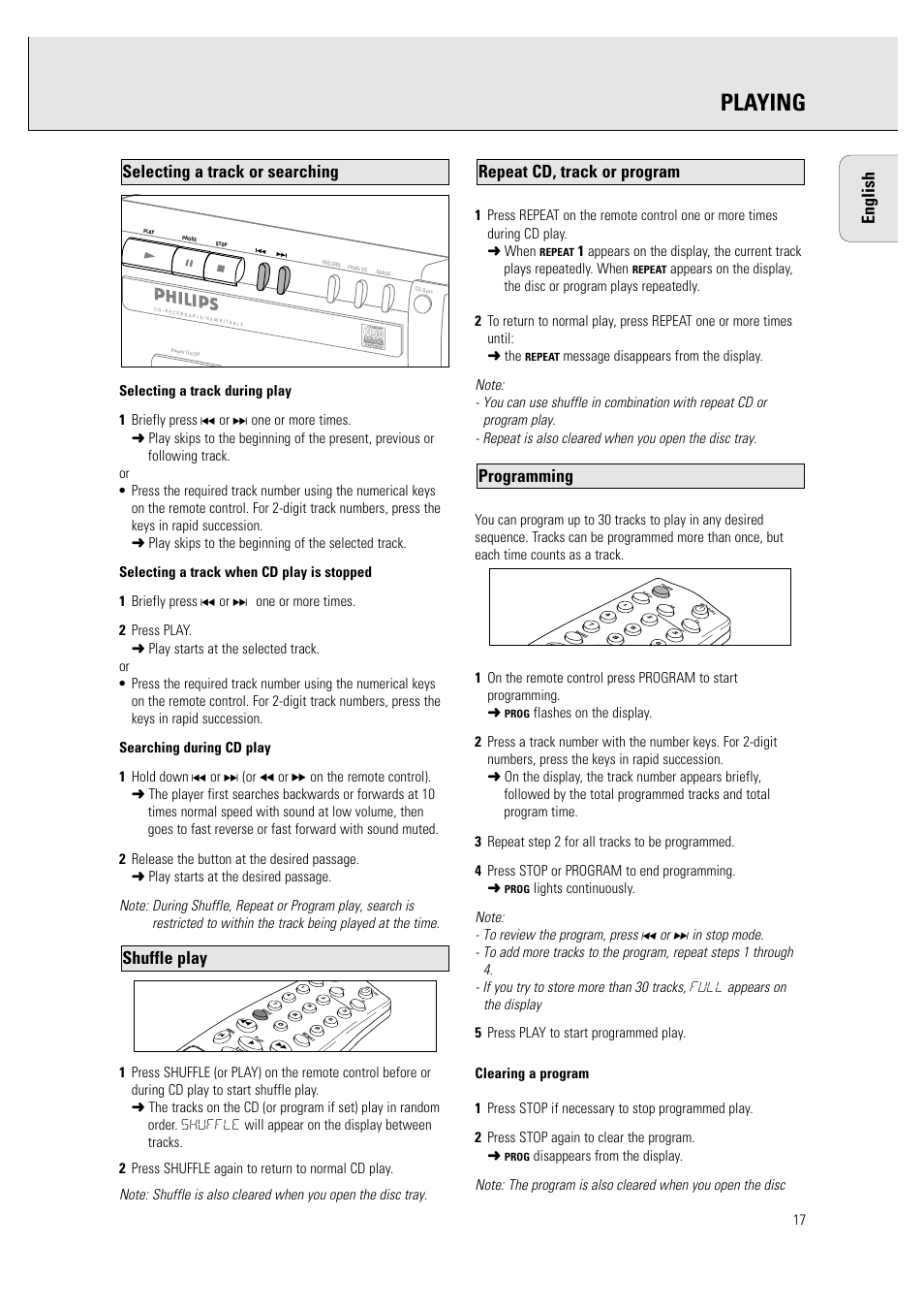 Playing, English, Programming repeat cd, track or program | Shuffle play, Selecting a track or searching | Philips CDR760BK User Manual | Page 19 / 54