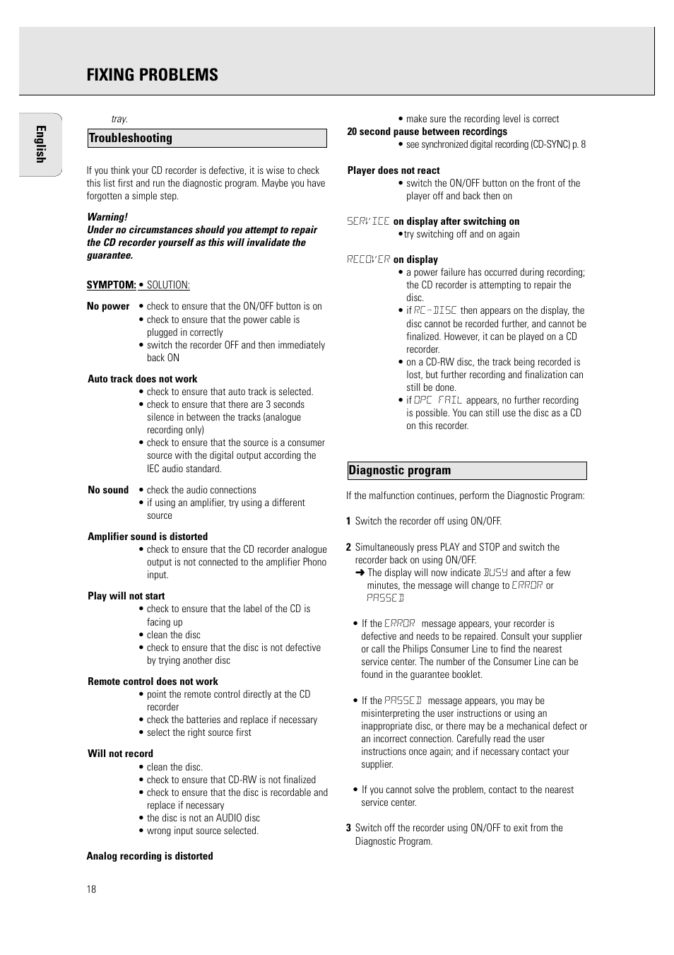 Fixing problems | Philips CDR760BK User Manual | Page 20 / 54