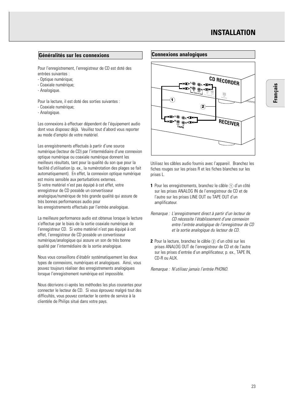 Installation, Français, Receiver cd recorder | Philips CDR760BK User Manual | Page 25 / 54