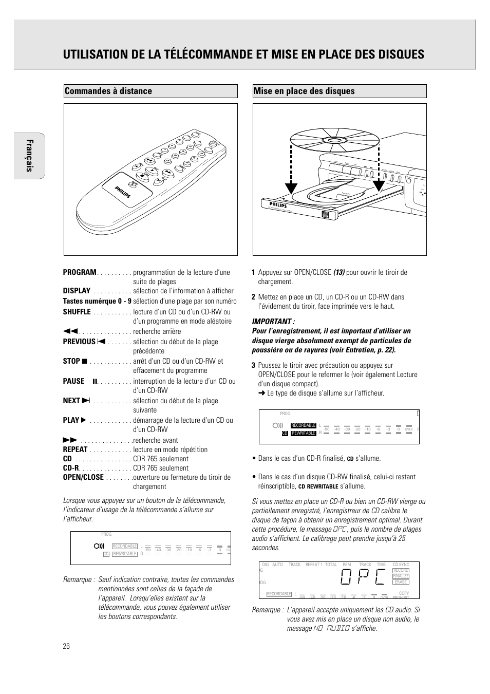 Français, Mise en place des disques, Commandes à distance | Philips CDR760BK User Manual | Page 28 / 54